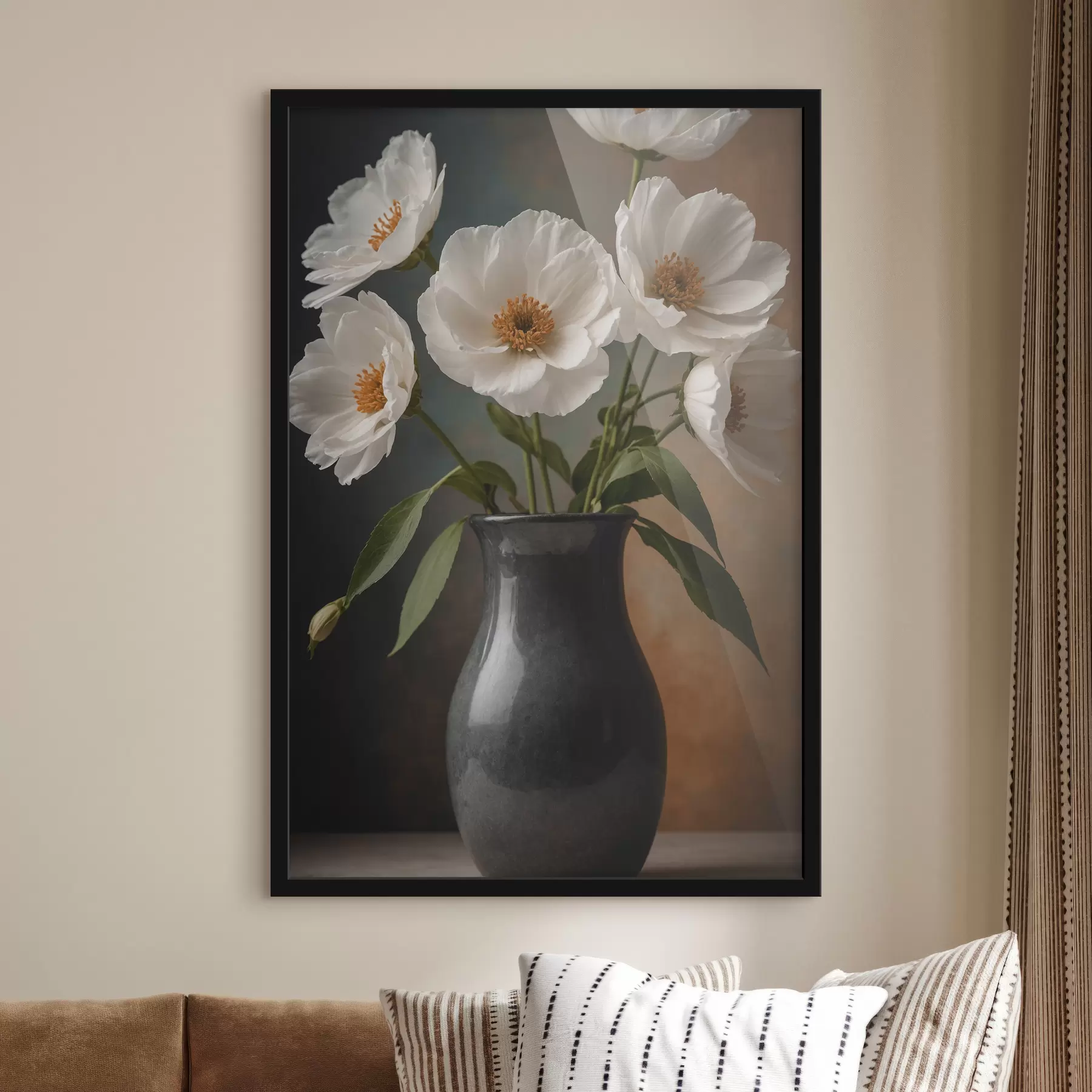 Fotobehang Witte bloemen in een grijze vaas f39380