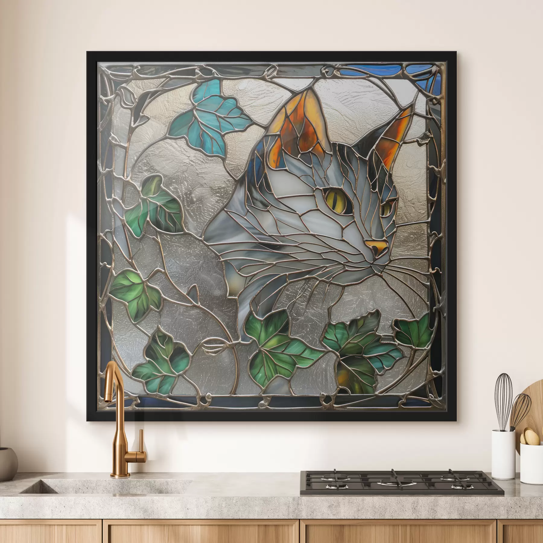  Schilderijen Gebrandschilderd glas geïnspireerd kunstwerk: kat tussen herfstbladeren f39448