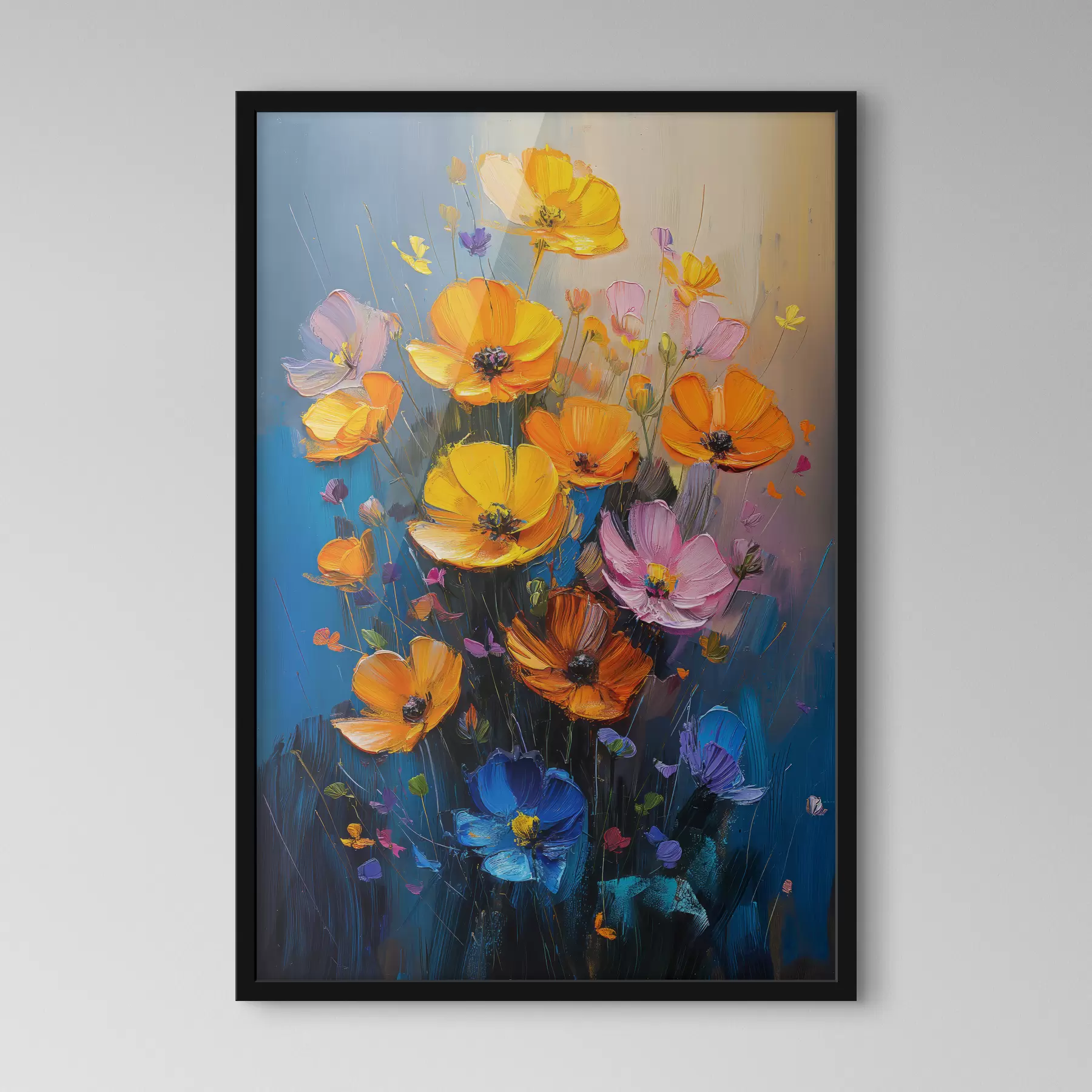 Fotobehang Geschilderde symfonie: felgele, oranje, roze en blauwe penseelstreken van klaprozen. f39454