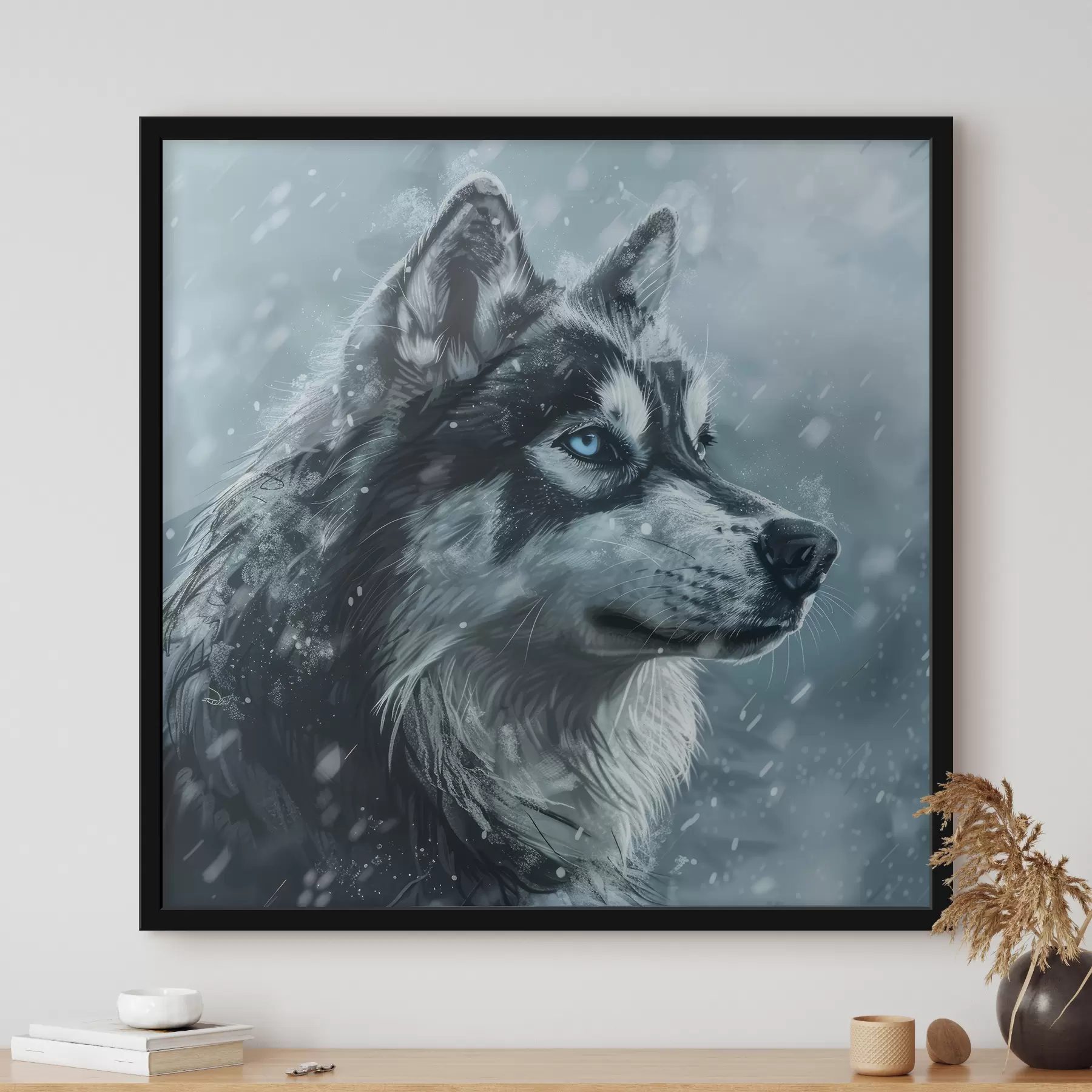  Schilderijen Husky met blauwe ogen op een winterblauwe achtergrond f39462