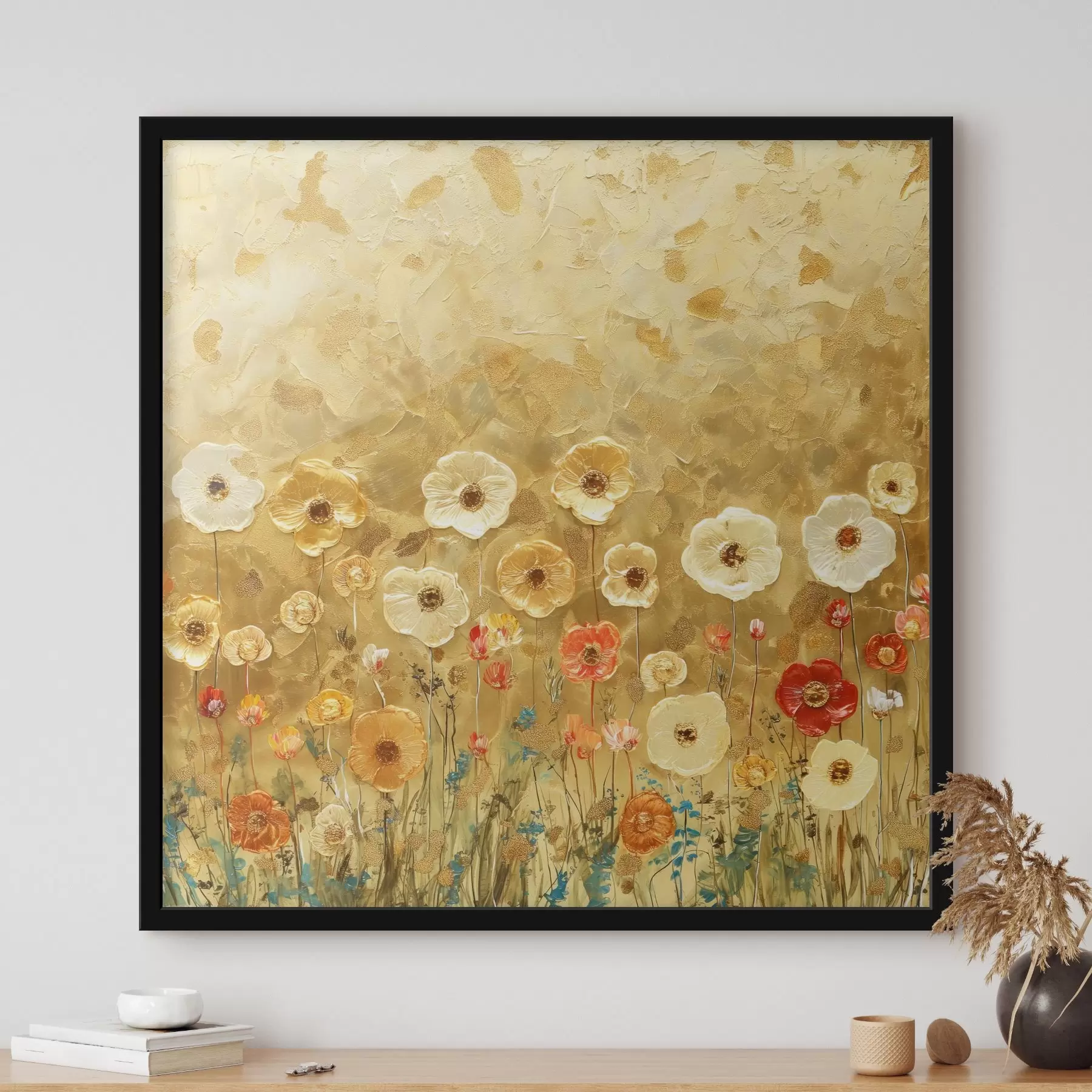  Schilderijen Weide in Klimt-stijl: delicate pastelbloemen met een versmolten textuur f39464