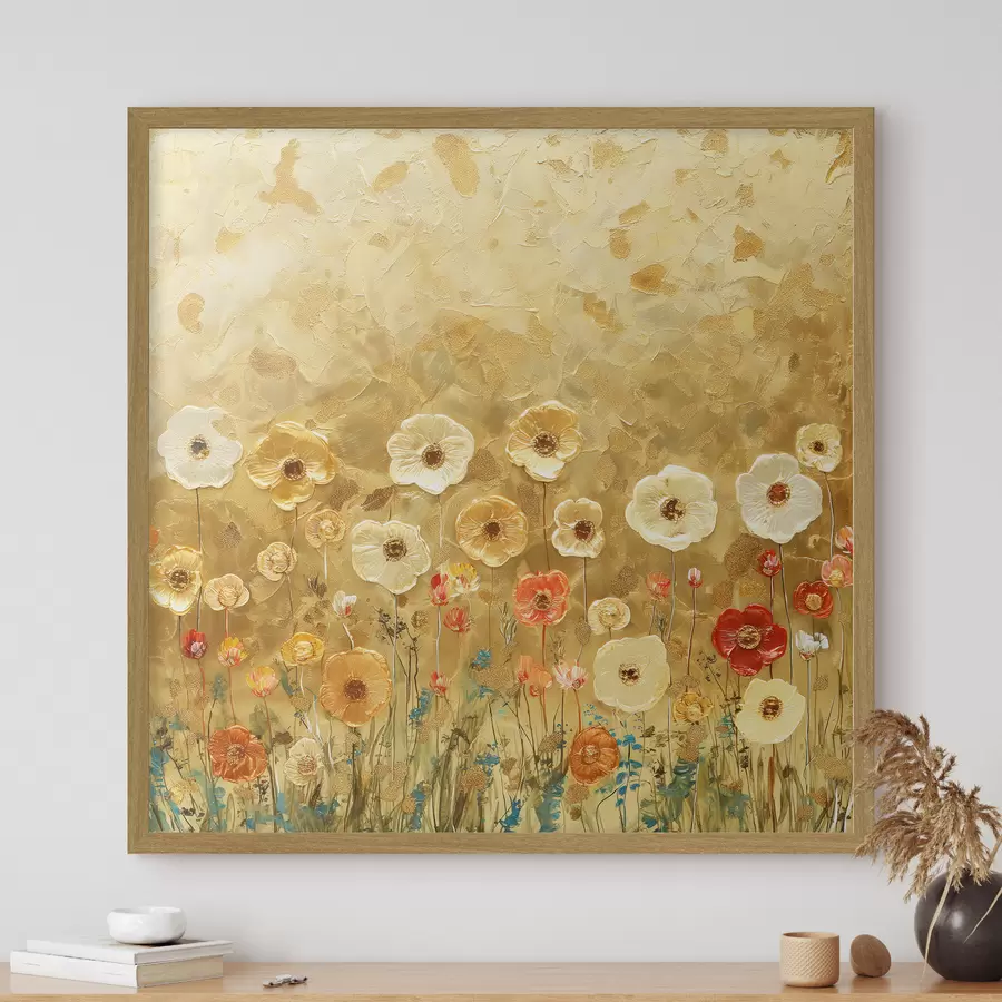 Fotobehang Weide in Klimt-stijl: delicate pastelbloemen met een versmolten textuur f39464