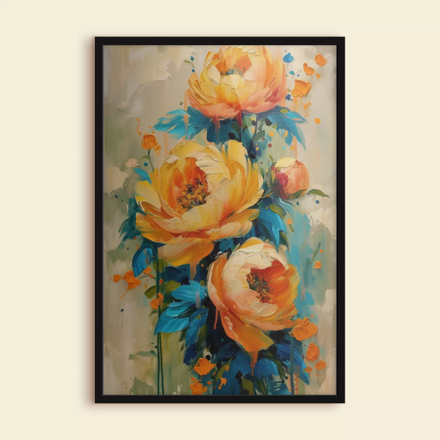 Fotobehang Abstract schilderij in beige, gele, blauwe, saliegroene tinten met oranje spatten, levendige pioenrozen in de zomer f39472