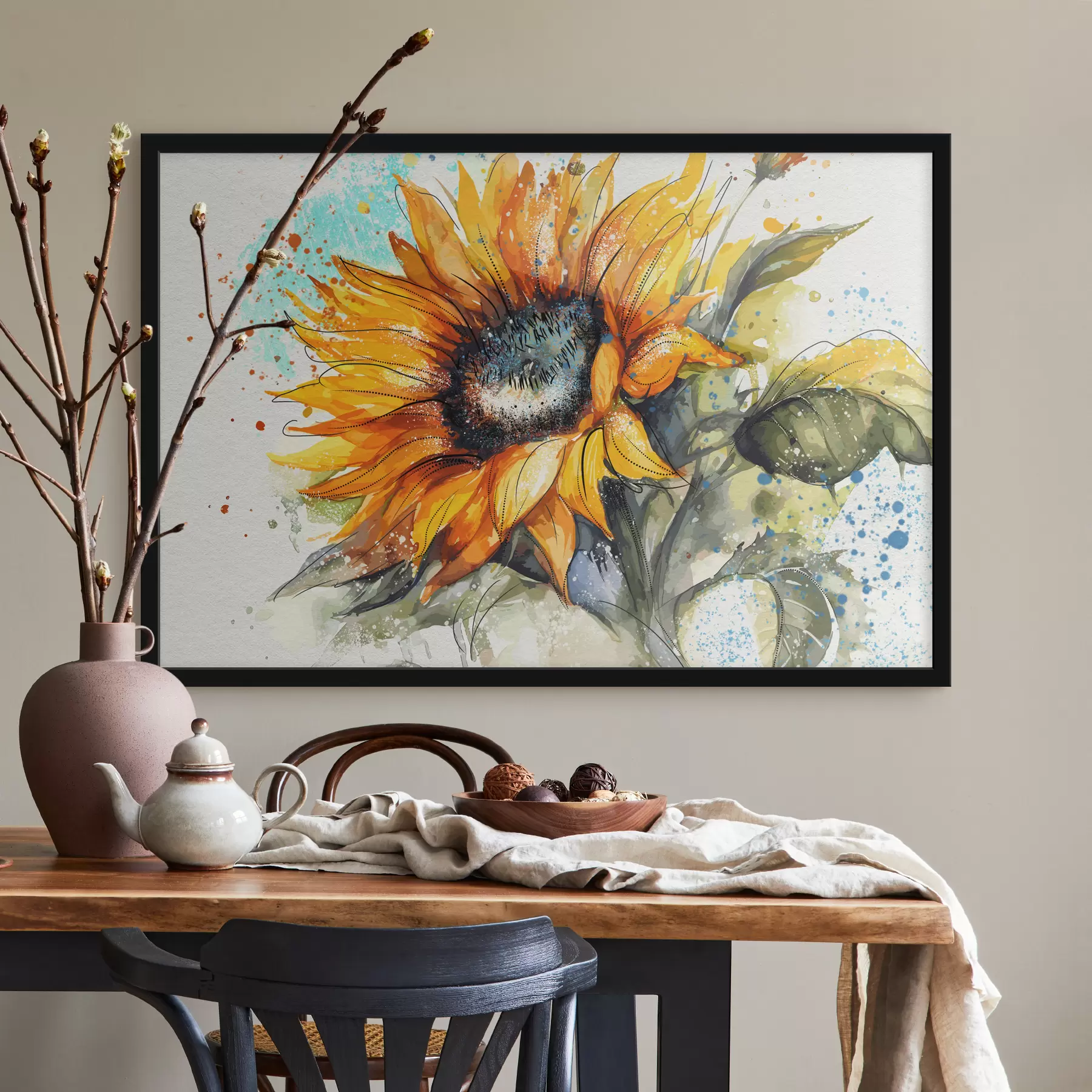 Fotobehang Aquarel zonnebloem met spatten verf f39583