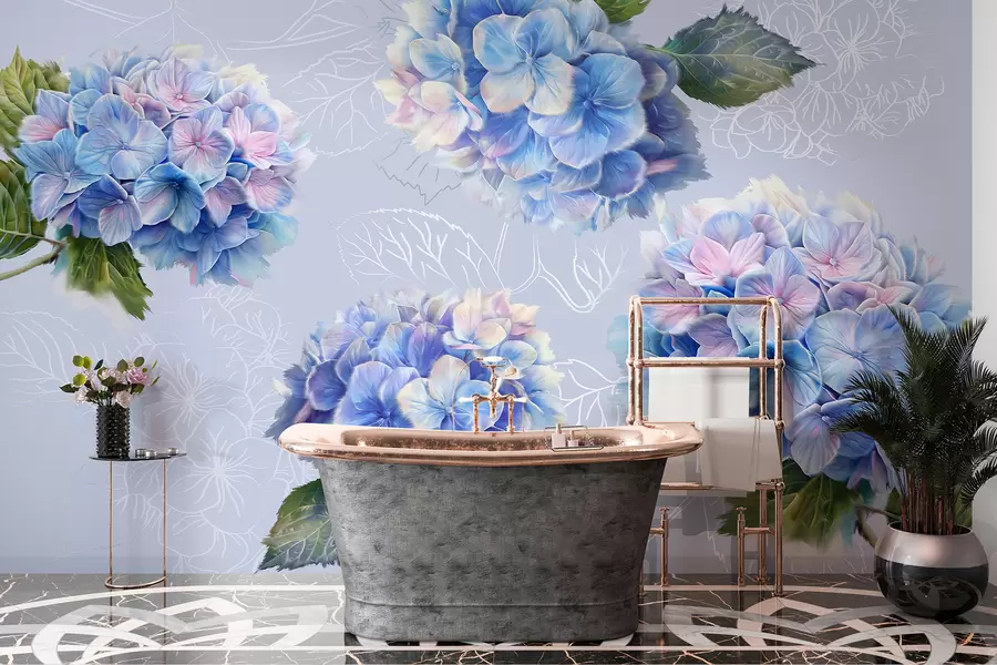Fotobehang Hortensia's, acryltekening, lijntekeningen, botanische, violette kleuren w07942v5