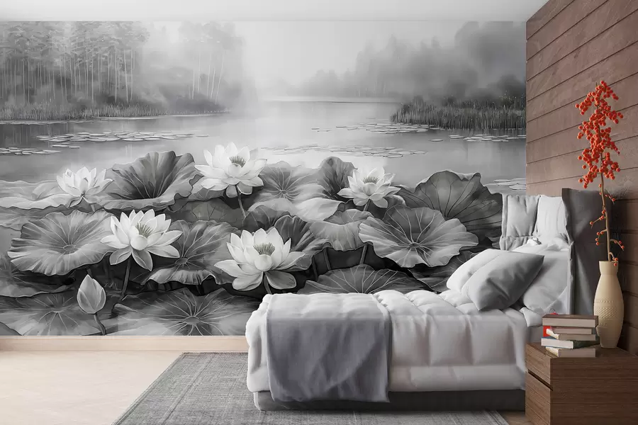 Fotobehang Waterlelies, bosmeer, acryltekening, natuur, grijze kleuren w07957v1
