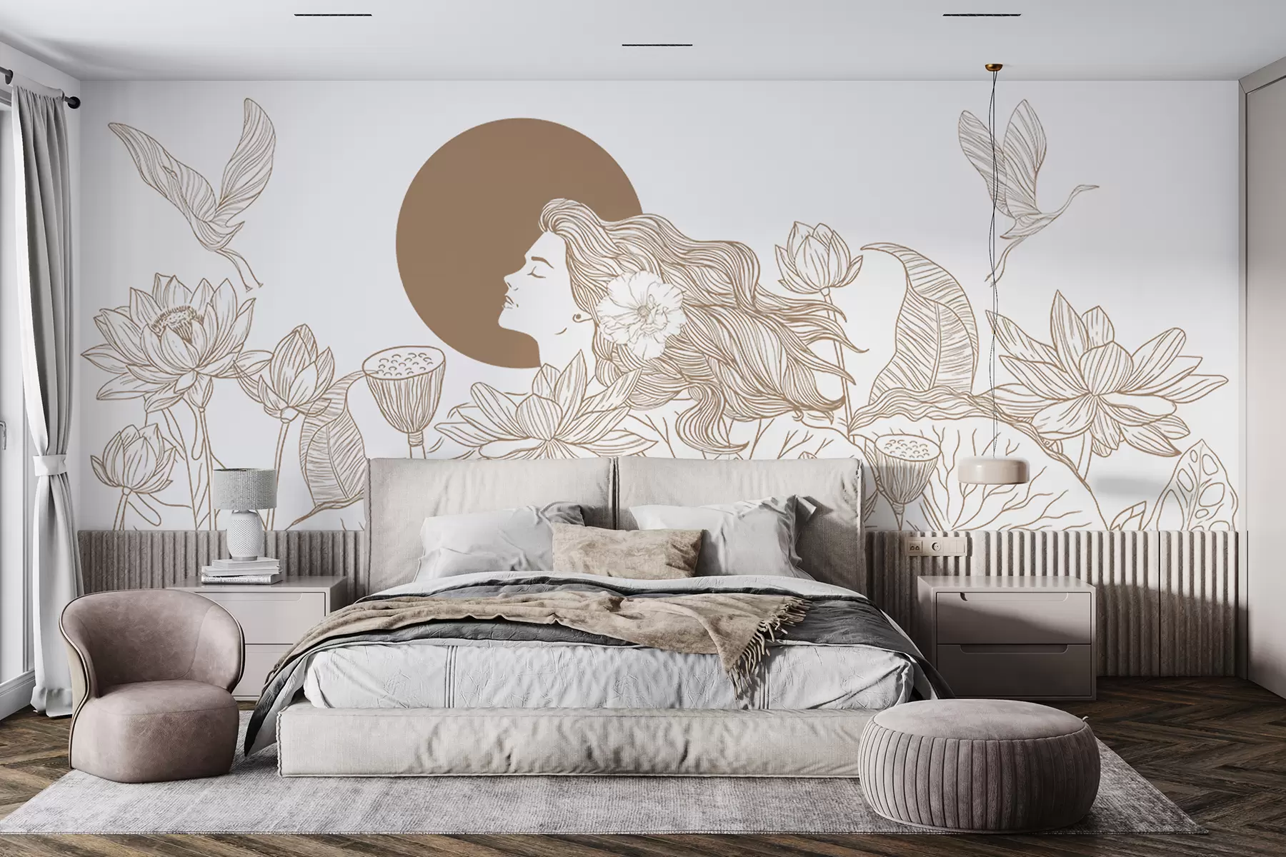Fotobehang Vrouw in de natuur, lijntekening, lotusbloemen, grote bladeren, vliegende vogels, beige kleur w07988v1