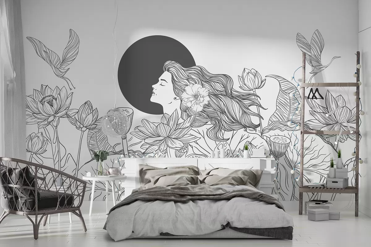 Fotobehang Vrouw in de natuur, lijntekening, lotusbloemen, grote bladeren, vliegende vogels, grijze kleur w07988v2