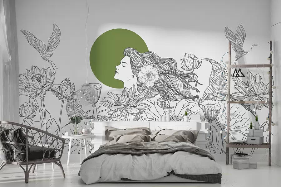 Fotobehang Vrouw in de natuur, lijntekening, lotusbloemen, grote bladeren, vliegende vogels, grijze en groene kleur w07988v3
