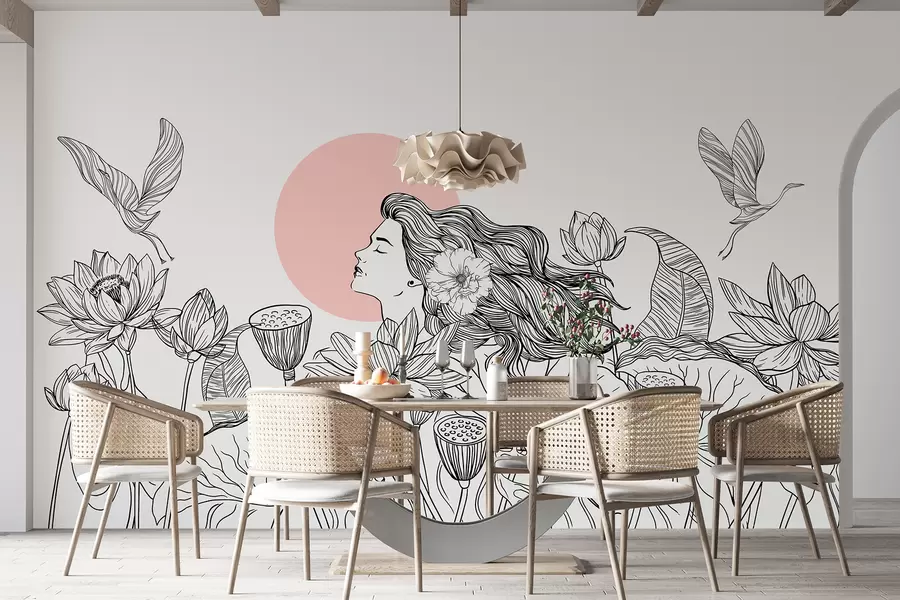 Fotobehang Vrouw in de natuur, lijntekening, lotusbloemen, grote bladeren, vliegende vogels, zwarte en roze kleur w07988v5