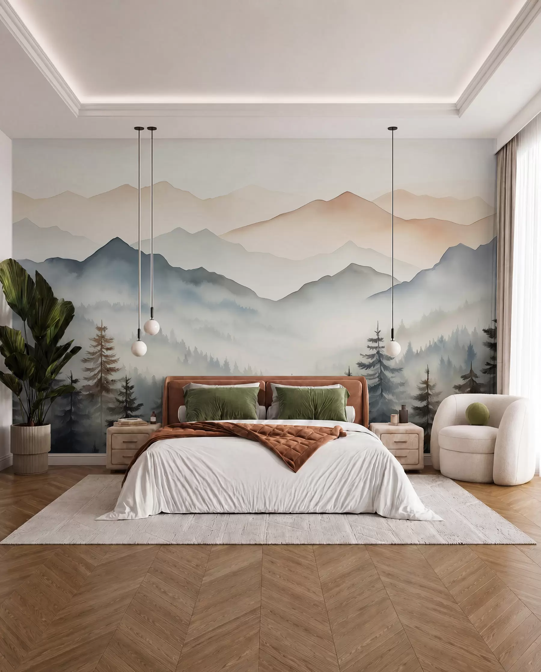 Fotobehang Bergketens tegen de bosaquarel w08024