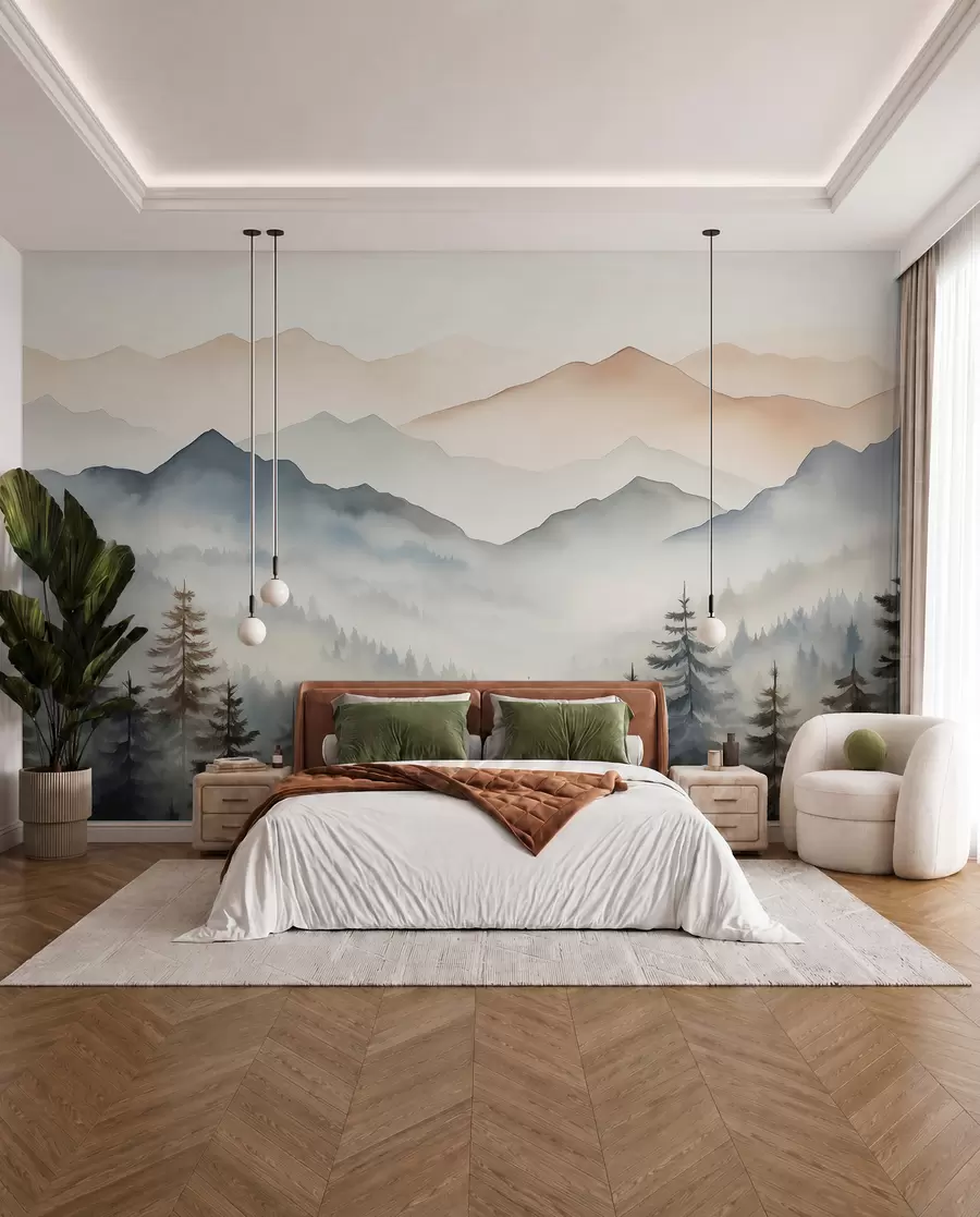 Fotobehang Bergketens tegen de bosaquarel w08024
