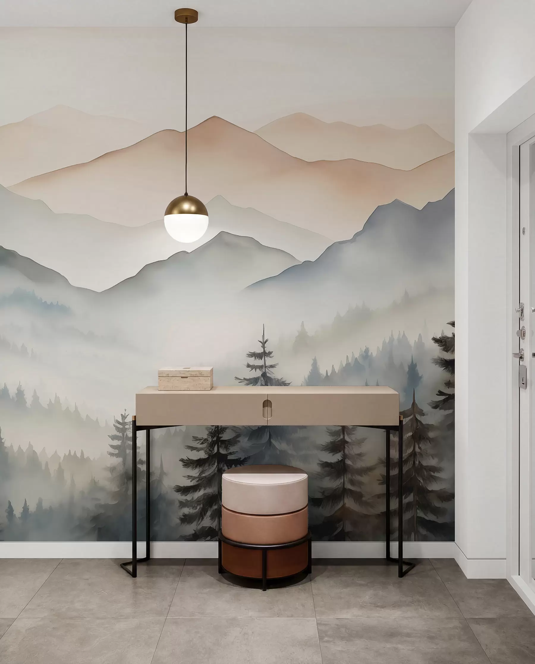 Fotobehang Bergketens tegen de bosaquarel w08024