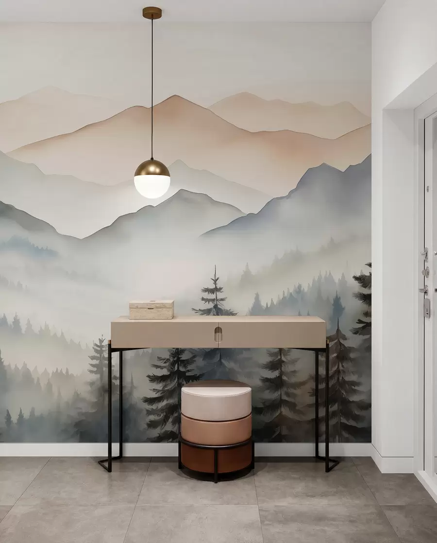 Fotobehang Bergketens tegen de bosaquarel w08024