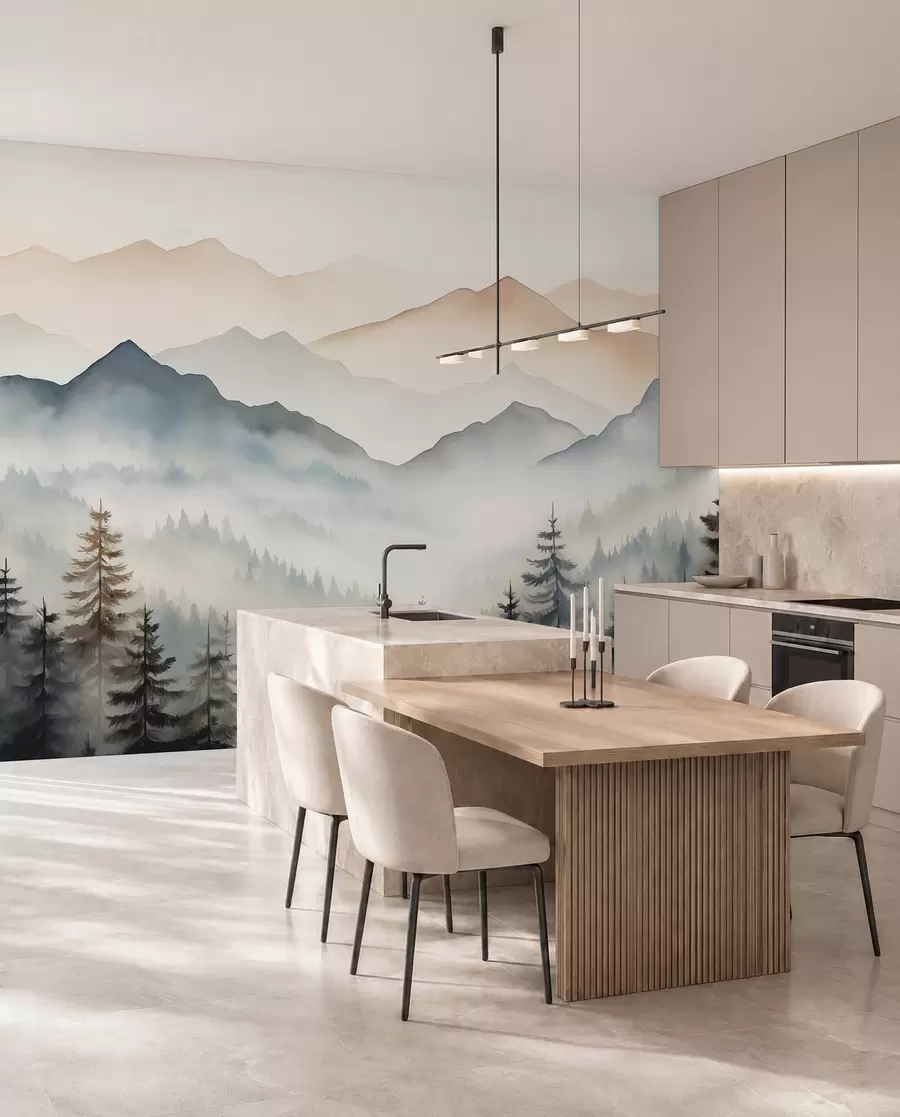 Fotobehang Bergketens tegen de bosaquarel w08024