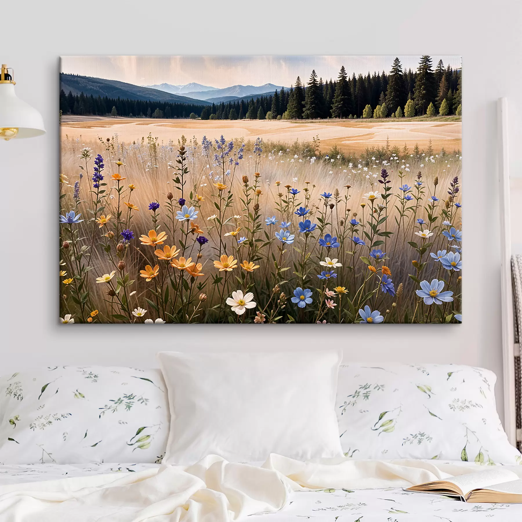 Fotobehang Een veld met kleurrijke wilde bloemen op de voorgrond, met een meer en bergen op de achtergrond s39502