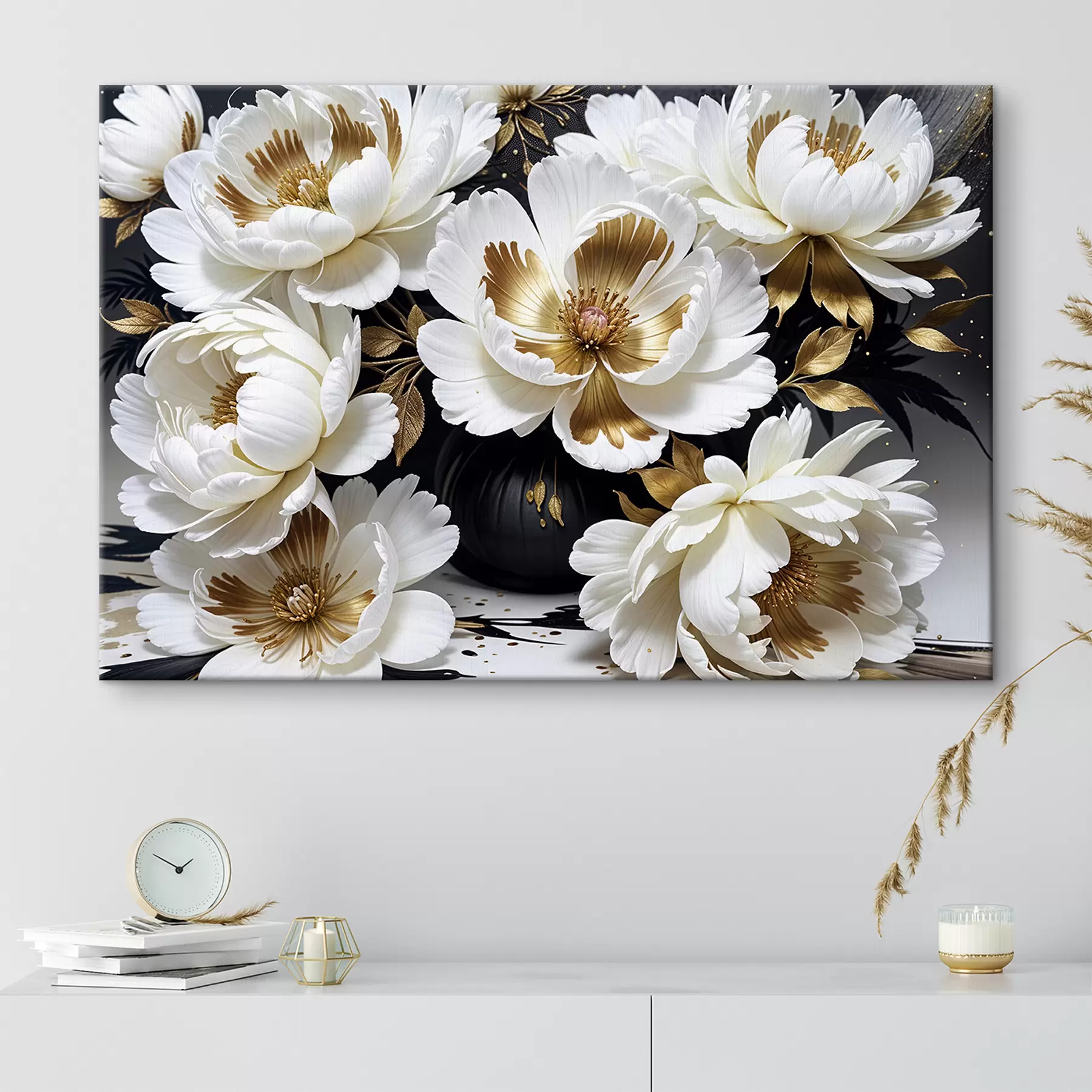 Fotobehang Witte pioenbloemen in volle bloei, met donkere achtergrond s39504