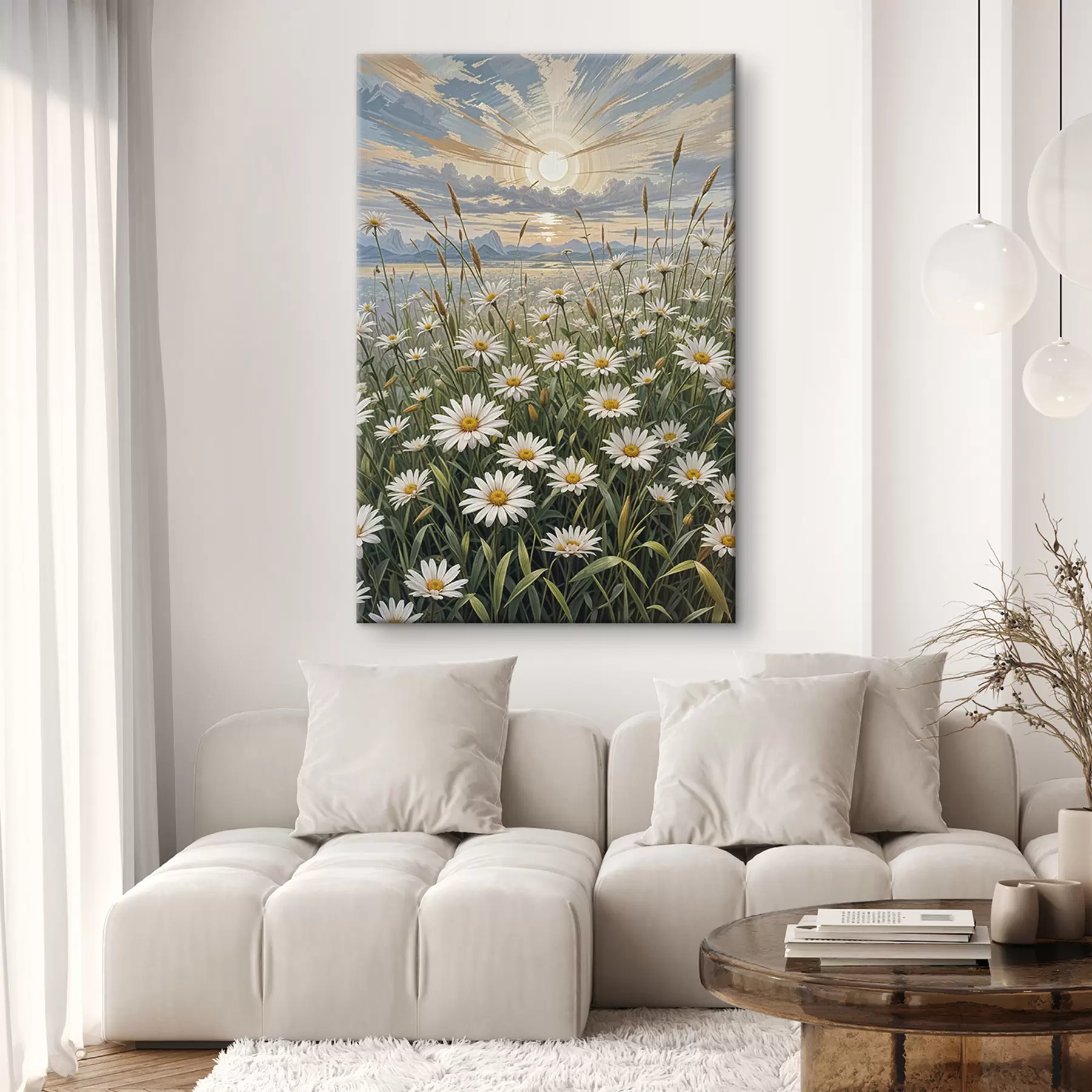 Fotobehang Een veld met witte margrietbloemen op de voorgrond met een landschap van bergen en een bewolkte hemel  s39528