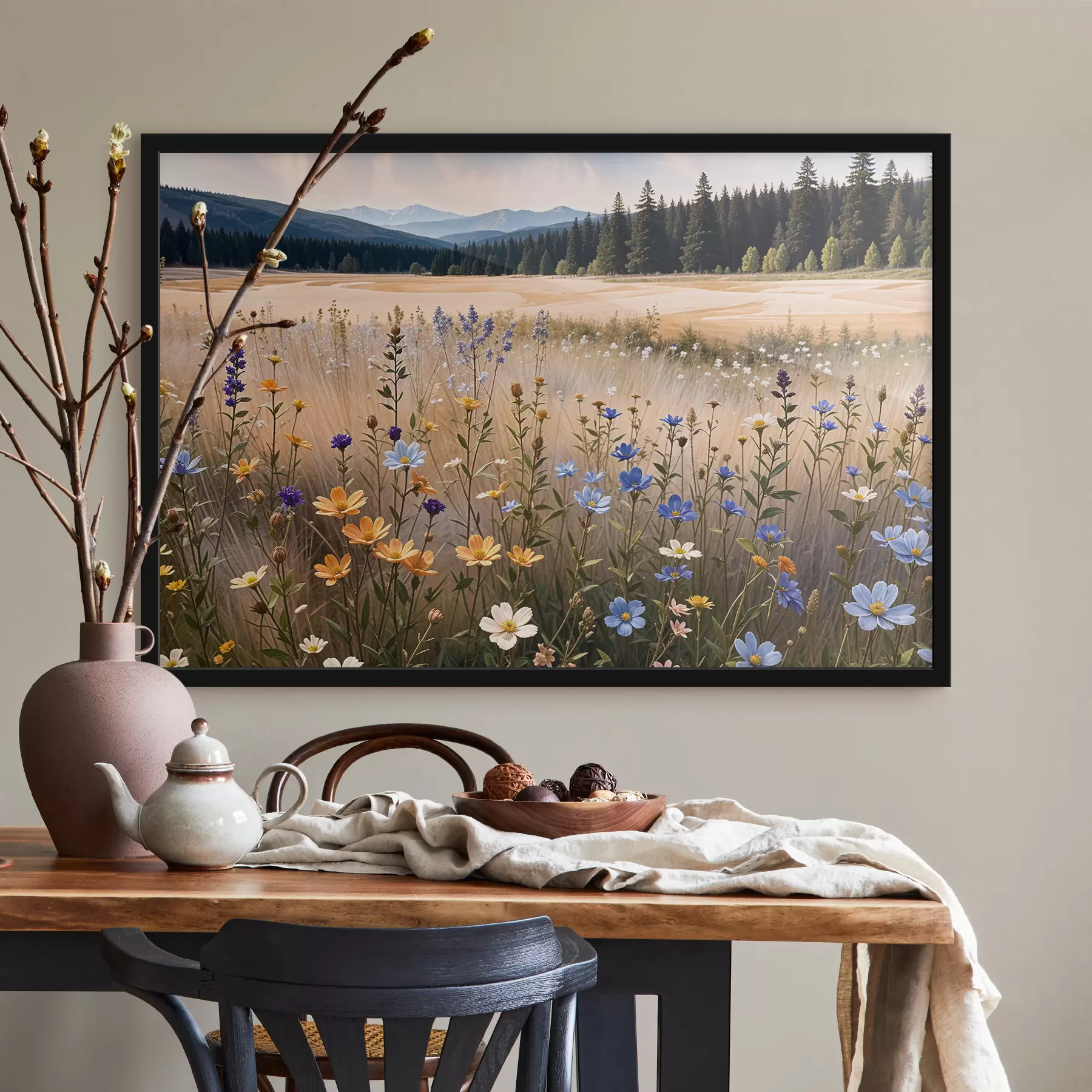 Fotobehang Een veld met kleurrijke wilde bloemen op de voorgrond, met een meer en bergen op de achtergrond f39502
