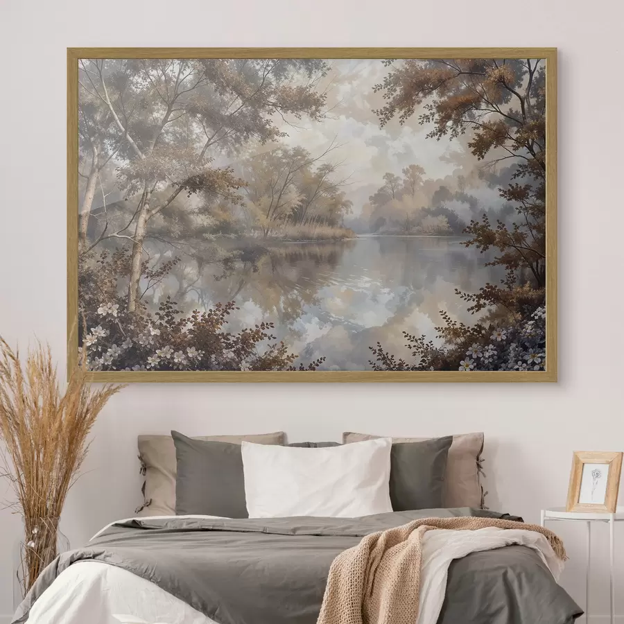 Fotobehang Herfstlandschap met een rustig meer omgeven door bomen met levendig oranje en geel blad f39511