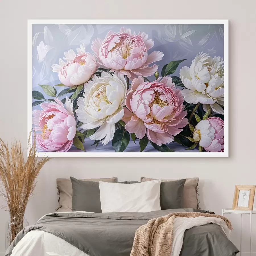 Fotobehang Een boeket van grote, weelderige roze en witte pioenrozen met groene bladeren tegen een zachte, onscherpe achtergrond f39514