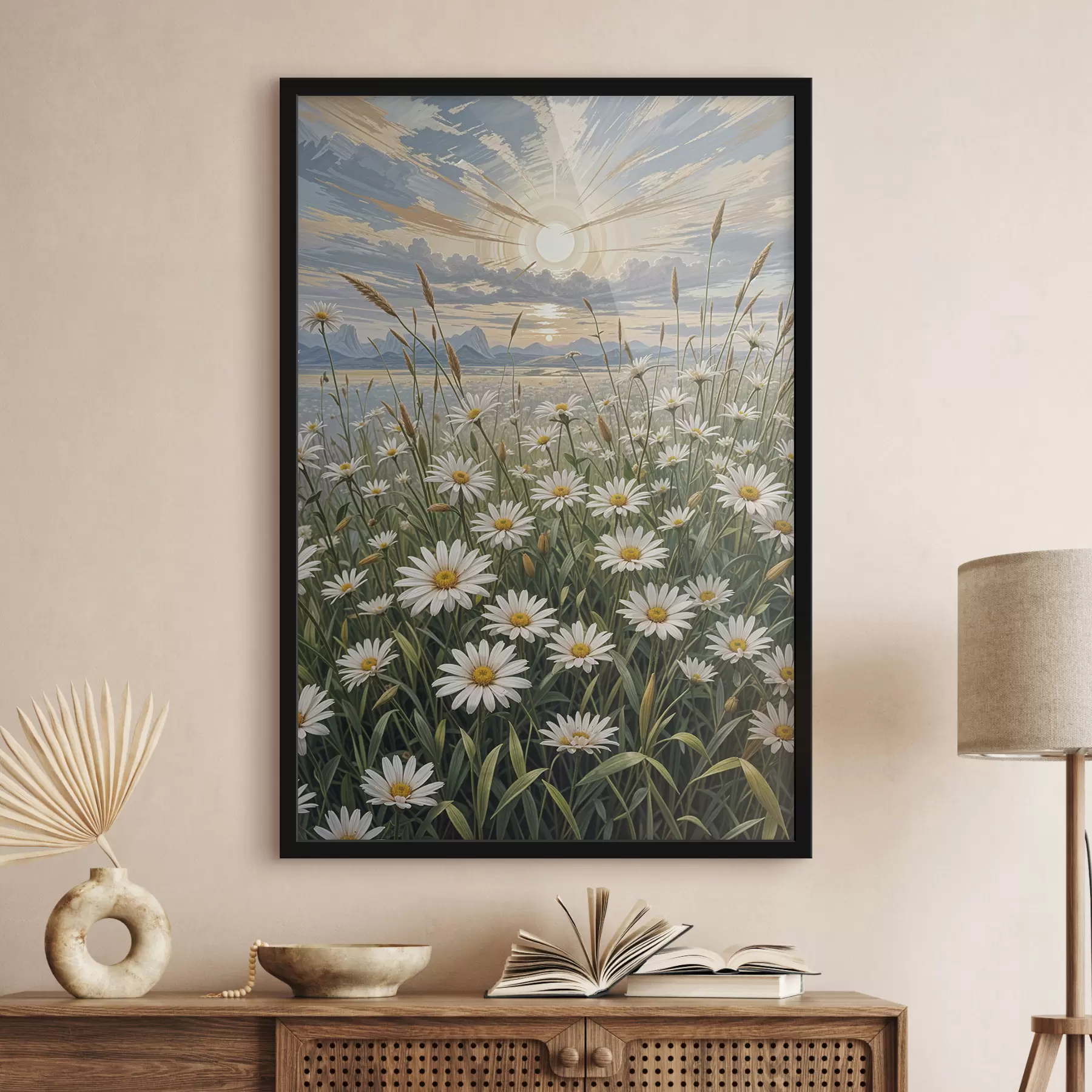 Fotobehang Een veld met witte margrietbloemen op de voorgrond met een landschap van bergen en een bewolkte hemel f39528