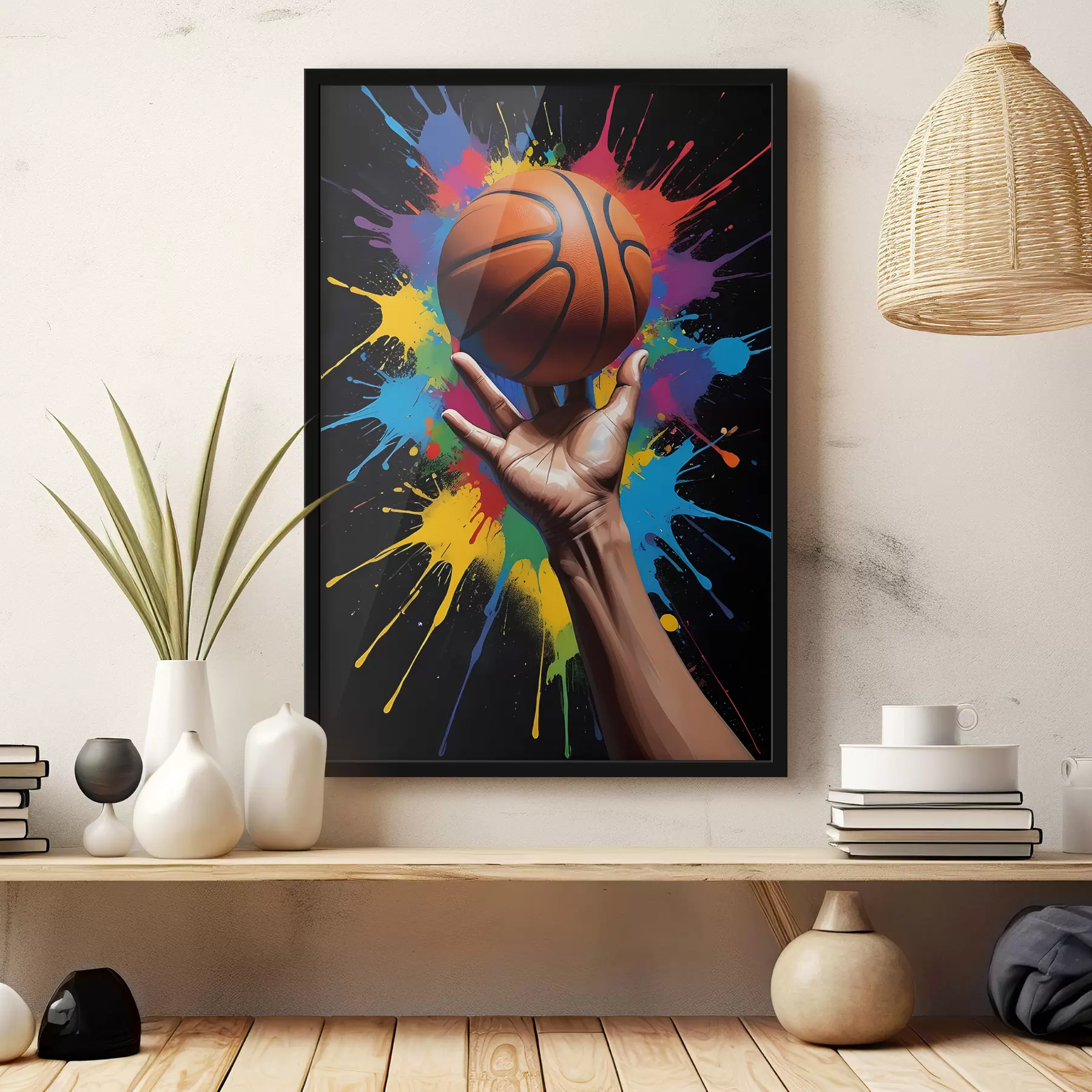  Schilderijen Een hand die een basketbal vasthoudt tegen een kleurrijke splatterverfachtergrond f39529