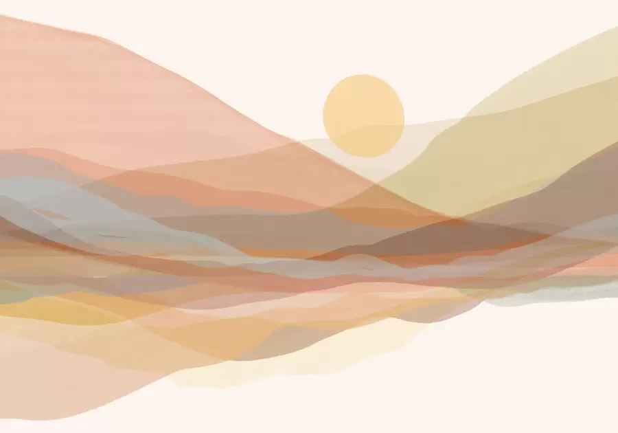 Fotobehang Bergachtig landschap met een warme zon aan de hemel, glooiende heuvels in de kleuren oranje, geel en bruin w07976