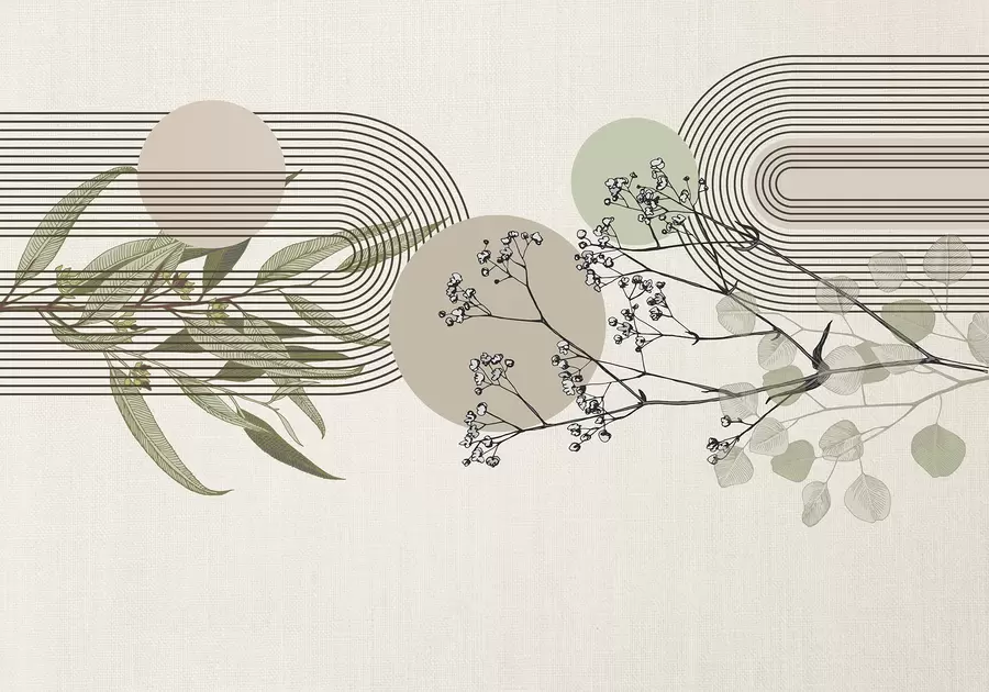 Fotobehang Een minimalistische abstractie met organische vormen, gestileerde boomtakken of planten met delicate bloemige details w07979