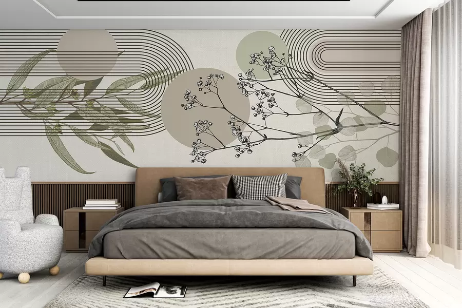 Fotobehang Een minimalistische abstractie met organische vormen, gestileerde boomtakken of planten met delicate bloemige details w07979