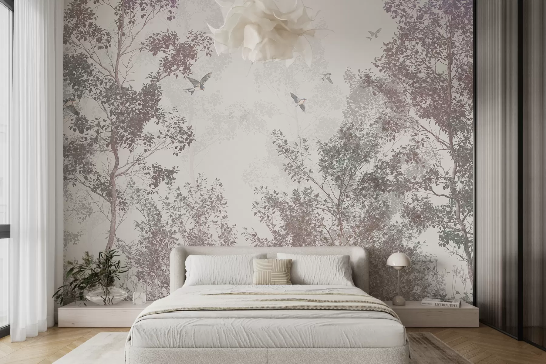 Fotobehang Kale zachte print beige bomen met takken tegen een wazige, bewolkte lucht met vliegende vogels w07982
