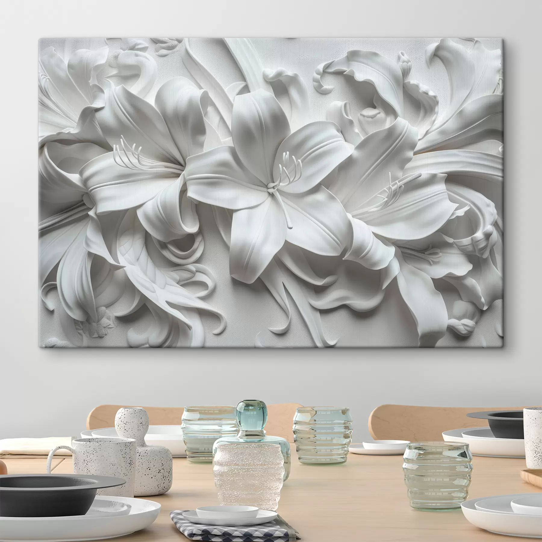 Fotobehang Wit 3D-reliëf van gebeeldhouwde lelies s39654