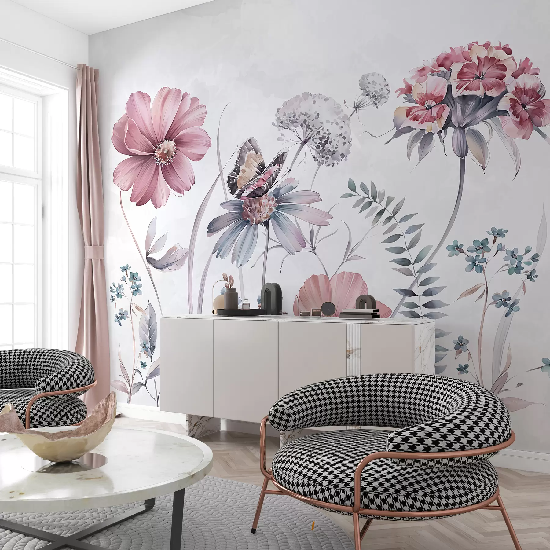 Fotobehang Grote delicate bloemen en planten met vlinder w07905