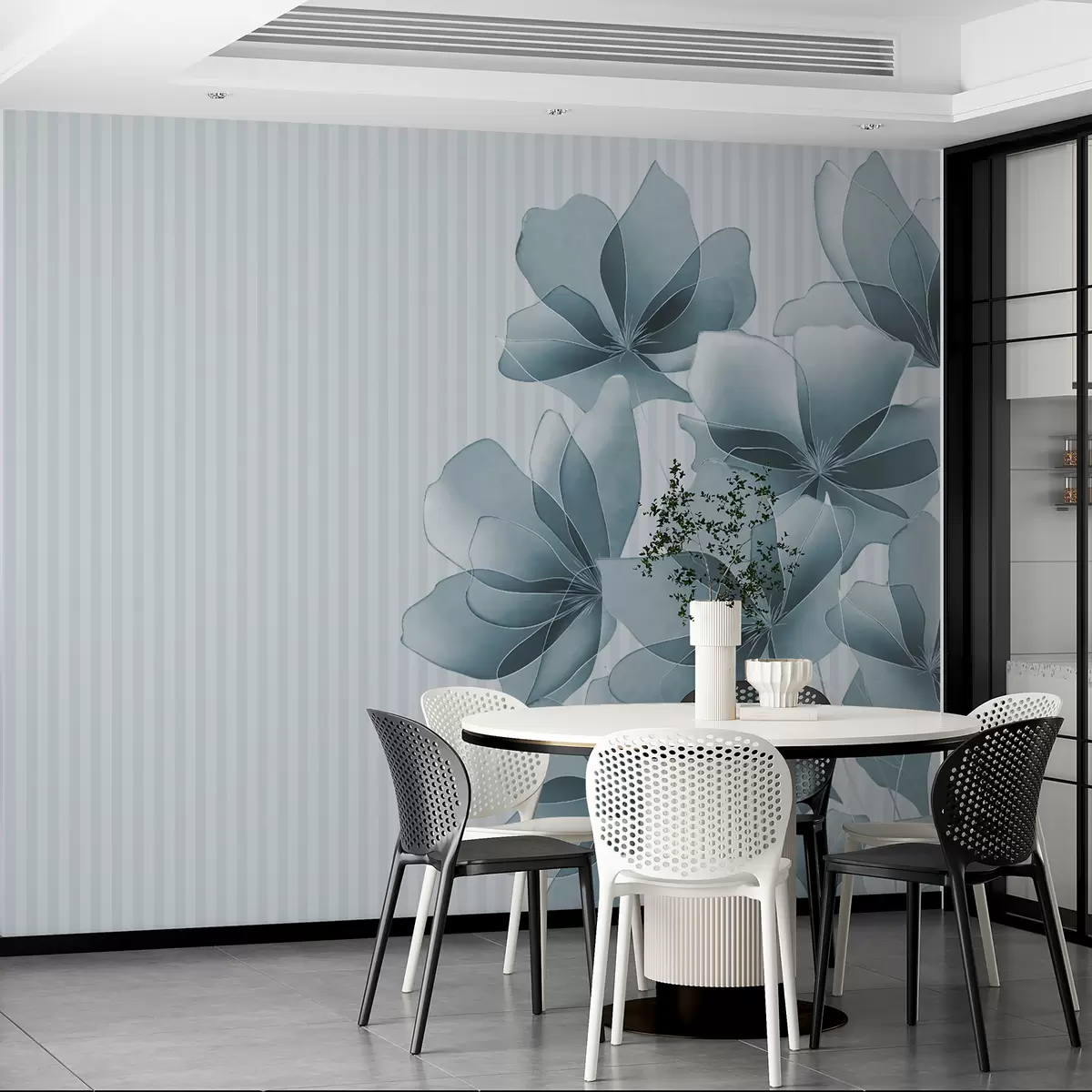 Fotobehang delicate blauwe bloemen op een gestreepte achtergrond w08040