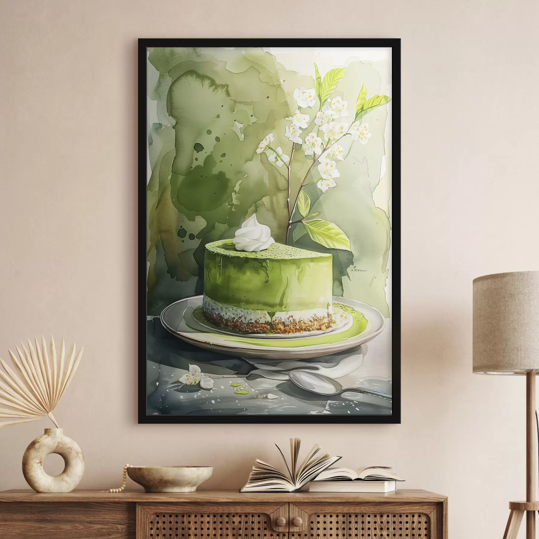 Fotobehang Matcha cheesecake, aquarelvoedselkunst, elegant, jasmijnbloem, groene kleuren f39702