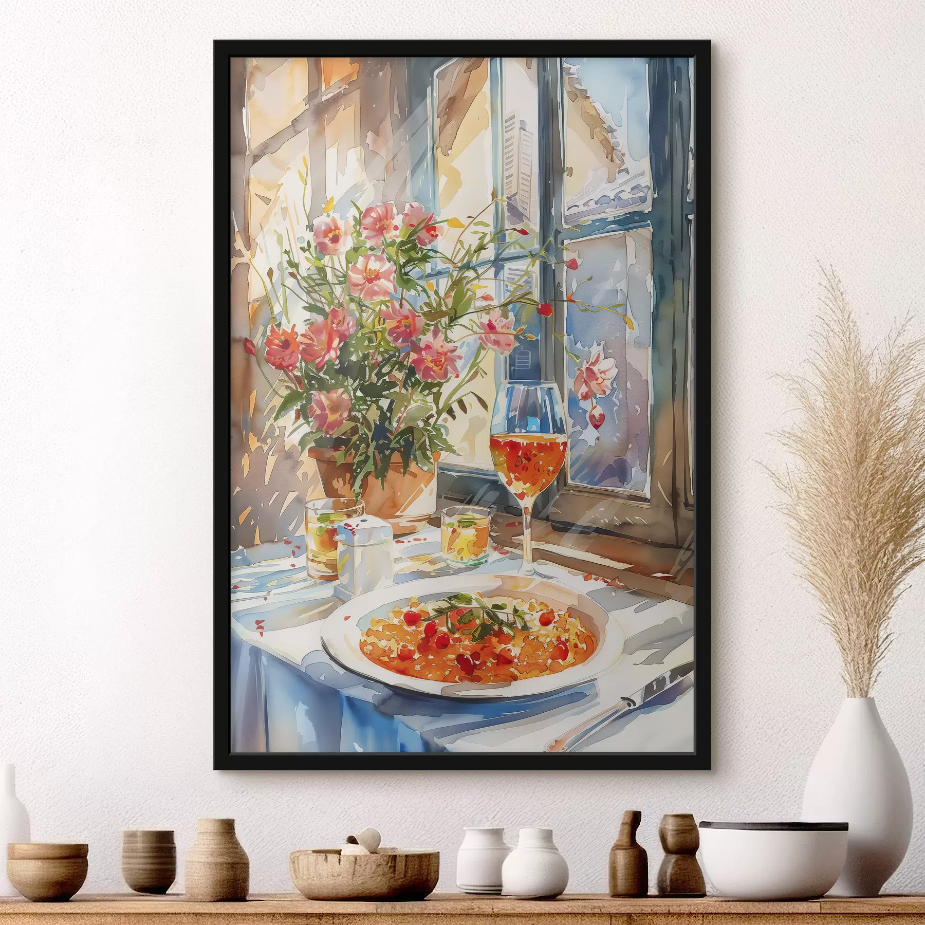 Fotobehang Aquareltak, zonlicht in het raam, glas cocktail, zomerbloemen f39707