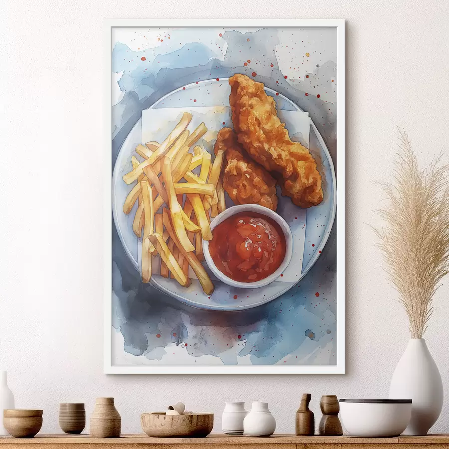 Fotobehang Waterverfstraatvoedsel, frietjes met geroosterde kip, heerlijk f39709