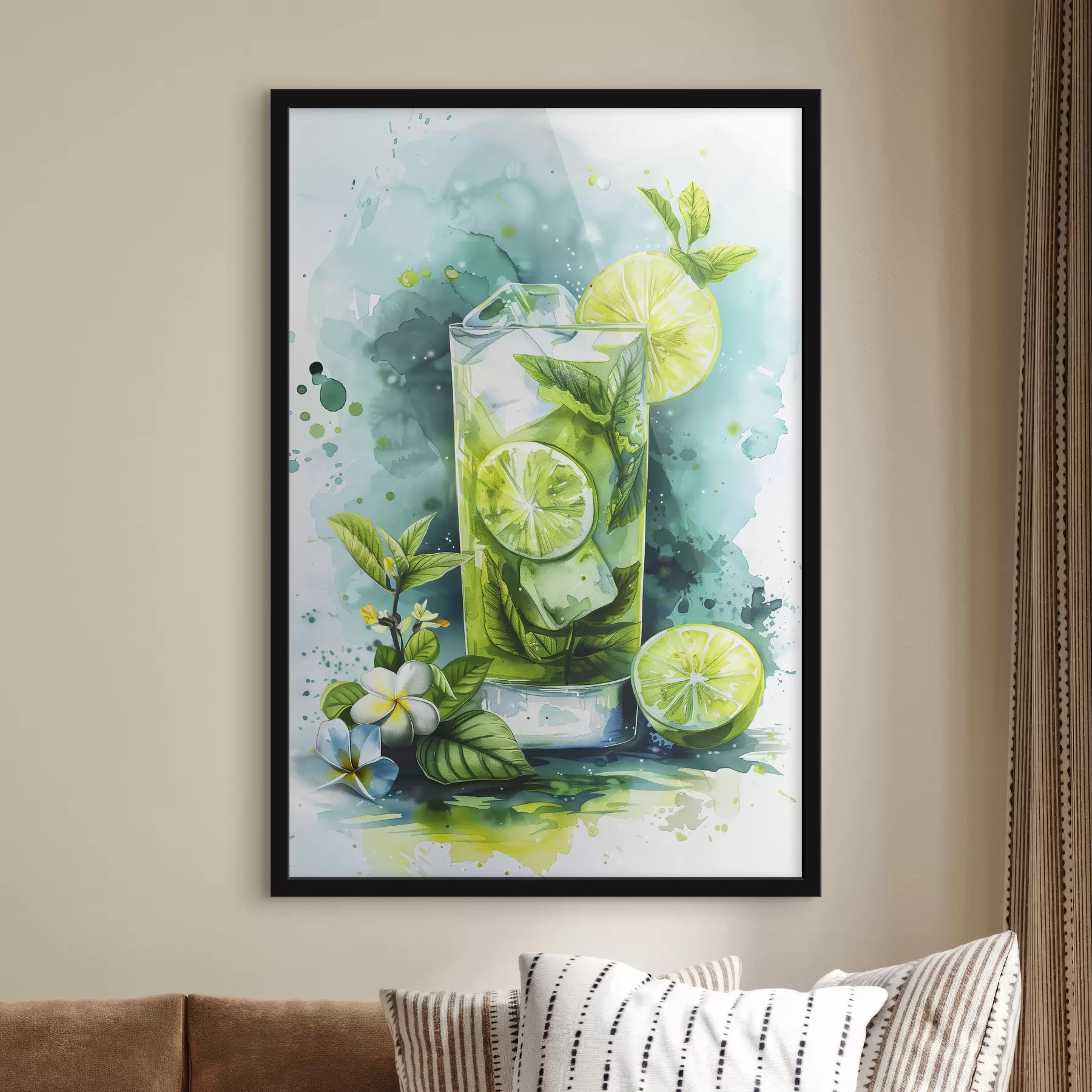 Fotobehang Aquarel zomercocktail, mojito, limoen en munt, bloemen, groene kleuren f39712