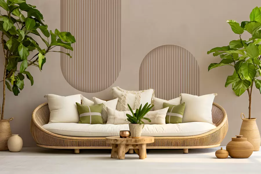 Fotobehang Art Deco structuurbehang in warme beige tinten. Imitatie van volumetrische bogen w08048