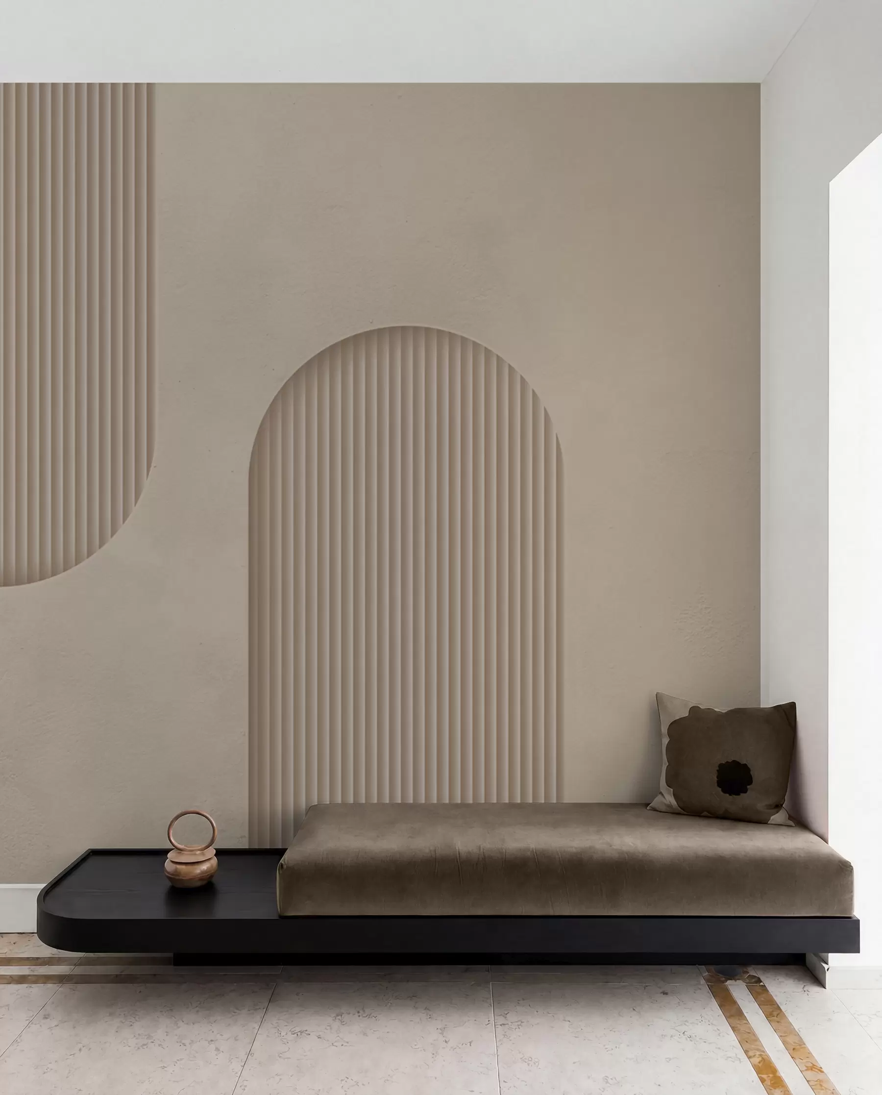 Fotobehang Art Deco structuurbehang in warme beige tinten. Imitatie van volumetrische bogen w08048