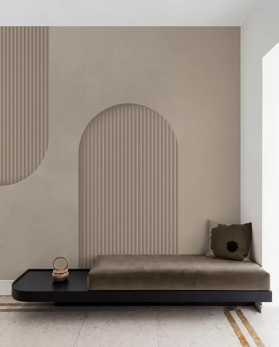 Fotobehang Art Deco structuurbehang in warme beige tinten. Imitatie van volumetrische bogen w08048
