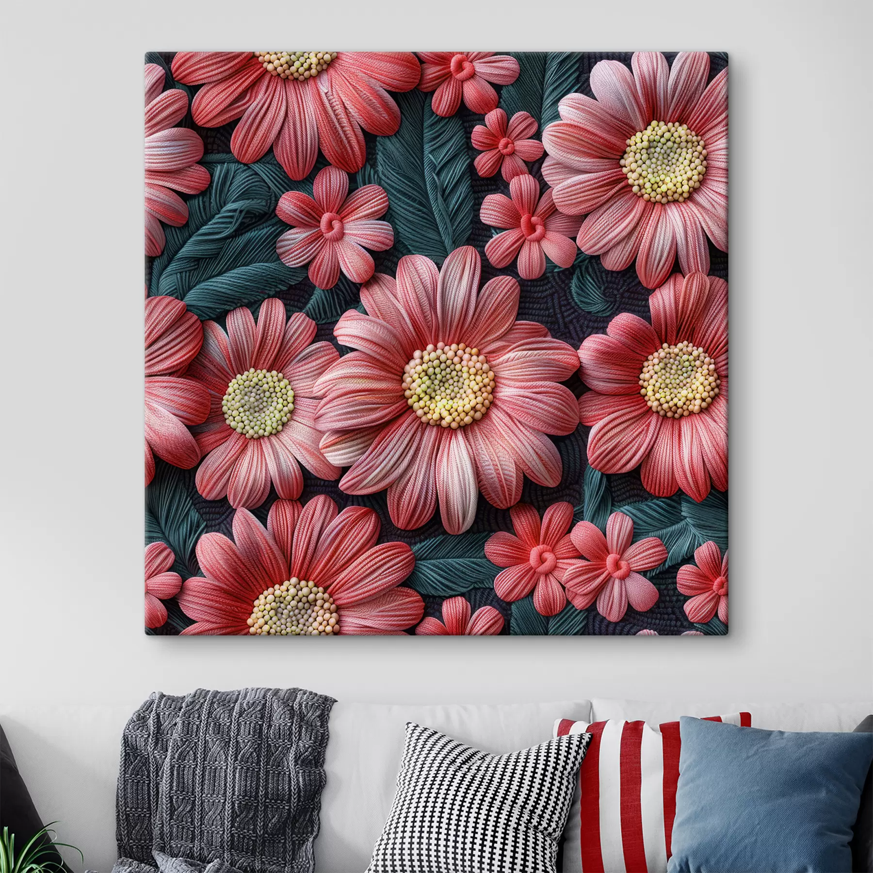  Schilderijen 3D-borduurwerk van roze gerbera's van wolgaren op een gewatteerde achtergrond s39746