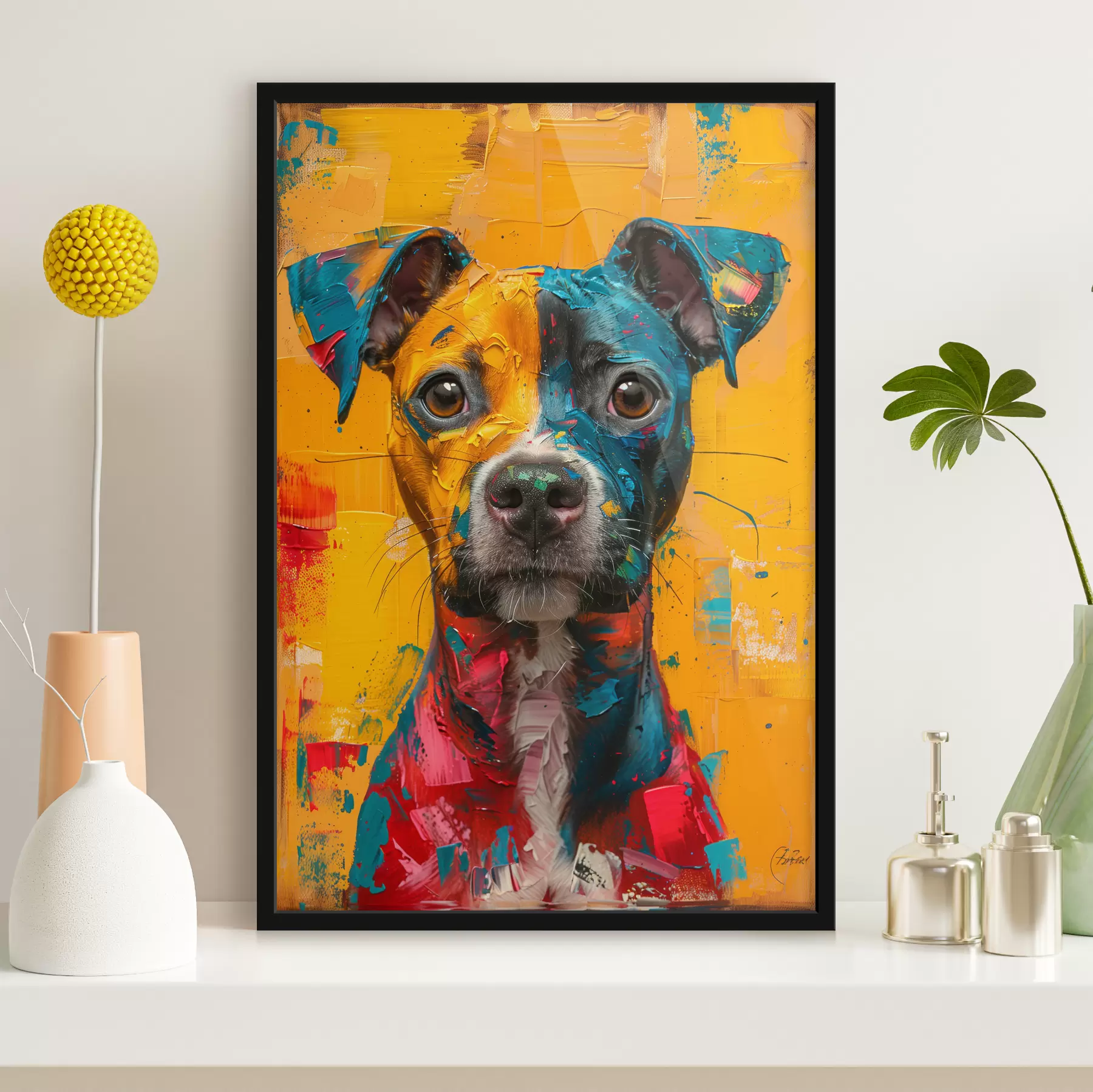  Schilderijen Portret van een Pitbull met gele en blauwe olieverfstreken f39722
