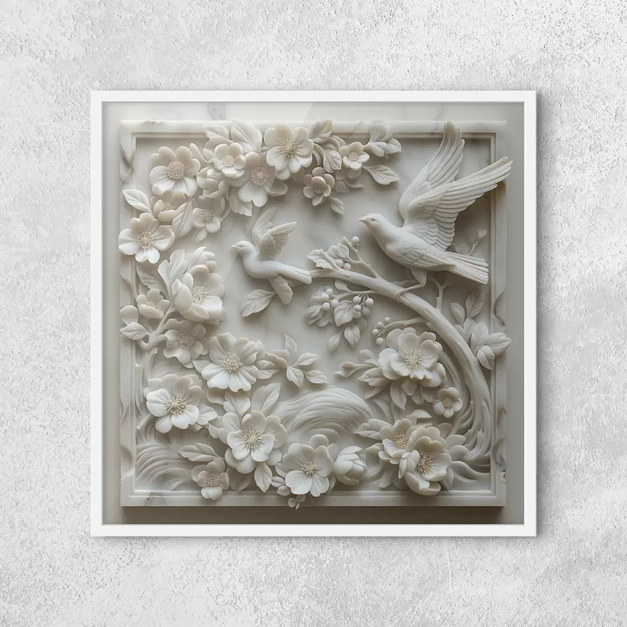 Fotobehang Een wit marmeren tuin met reliëfs van vogels en bloemen f39728