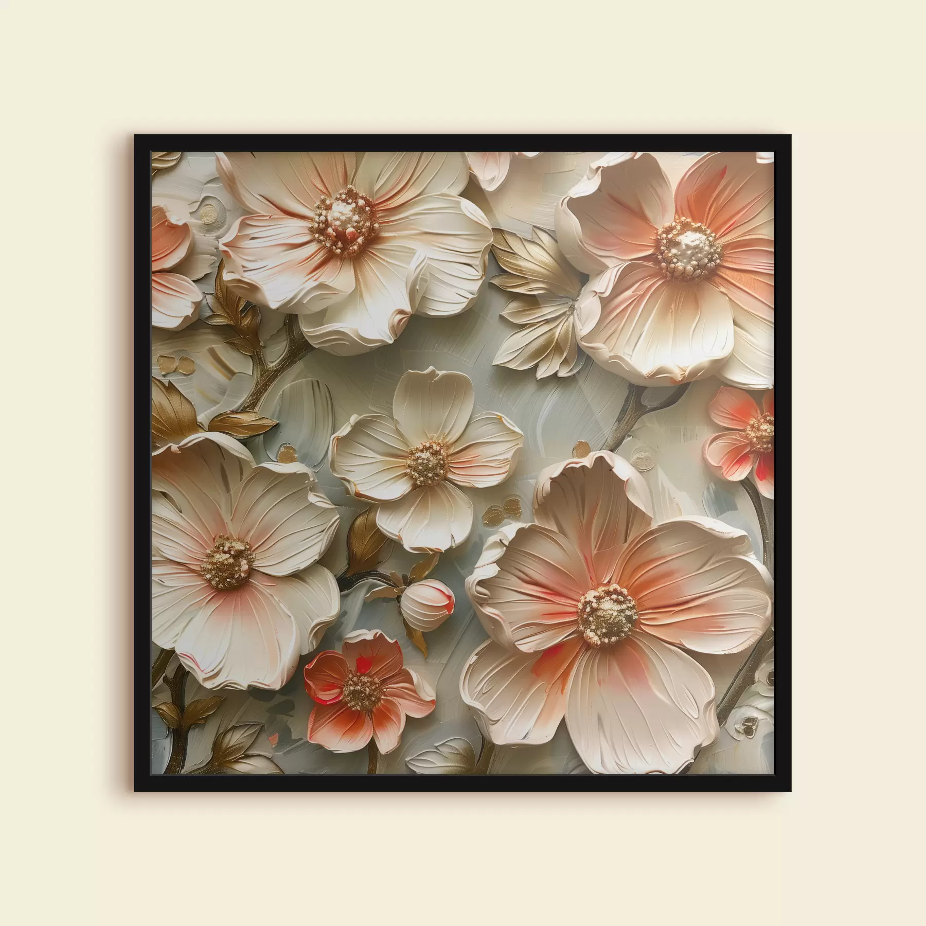 Fotobehang Sculpturaal schilderij met paletmes, delicate droogbloemen in pastelkleuren f39749