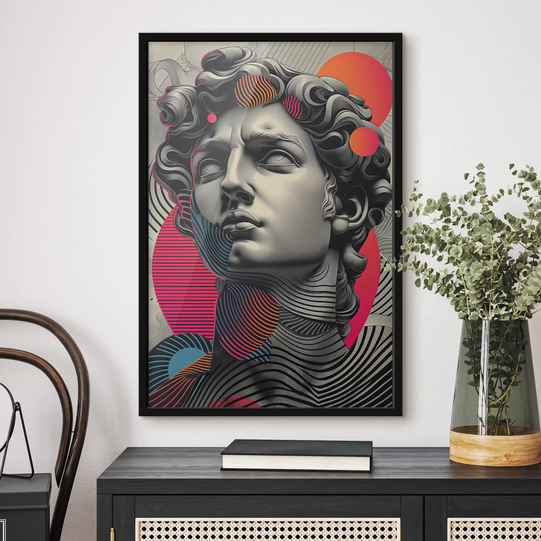 Fotobehang Zwart-witte Apollo met gekleurde vlekken in grafische stijl f39762