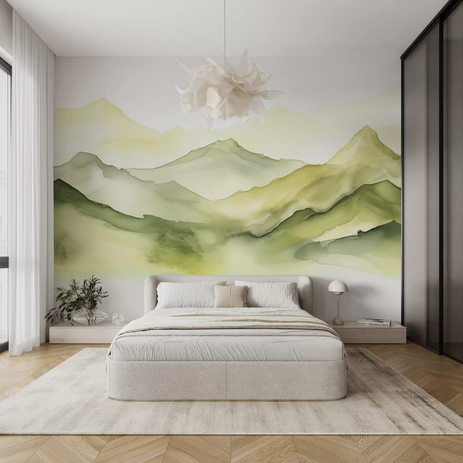Fotobehang Groene bergketens natte aquarel w08093