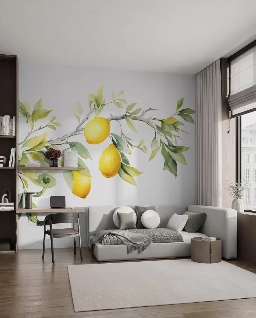 Fotobehang Waterverftak met citroenbladeren en fruit w08096