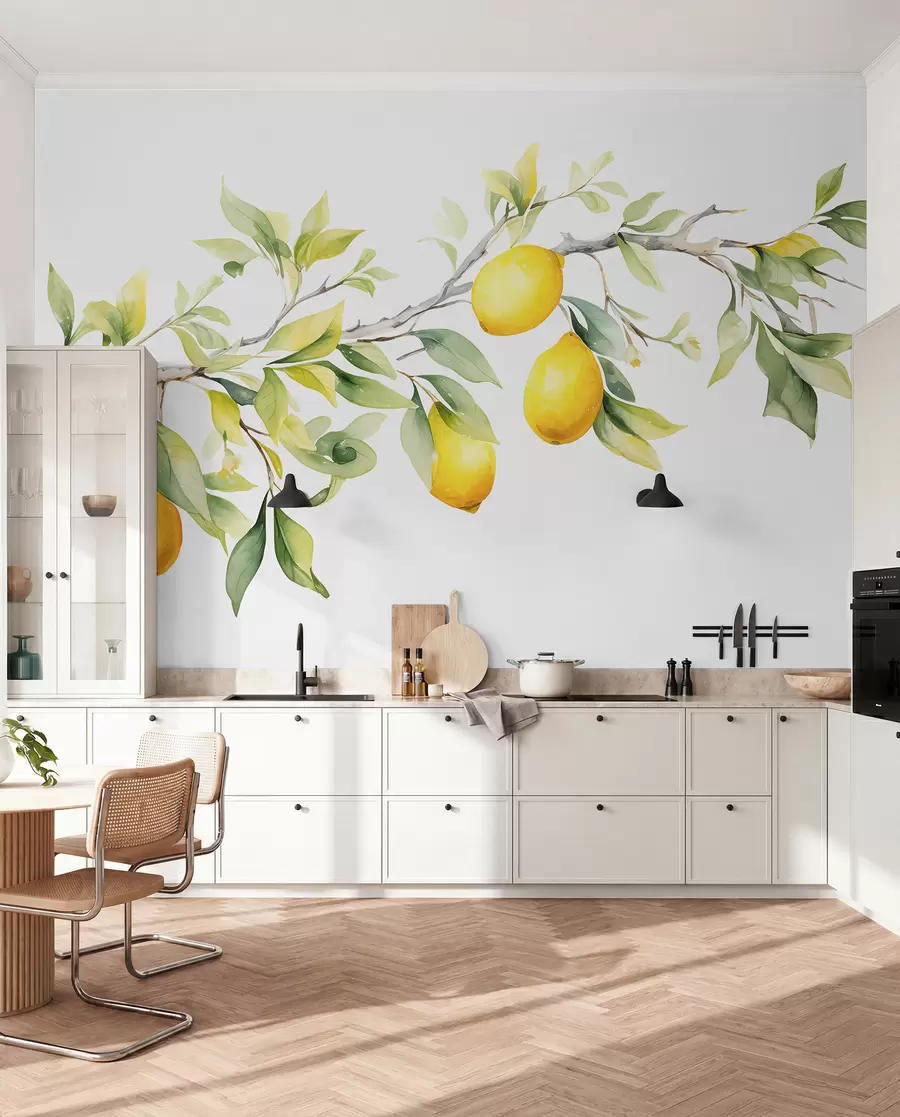 Fotobehang Waterverftak met citroenbladeren en fruit w08096