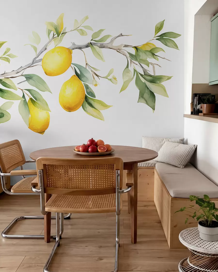 Fotobehang Waterverftak met citroenbladeren en fruit w08096